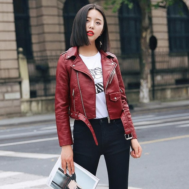 Ftlzz Pu Leather Jacket Women Fashion Bright Colors Female
