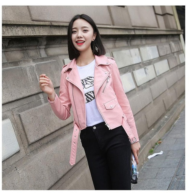 Ftlzz Pu Leather Jacket Women Fashion Bright Colors Female