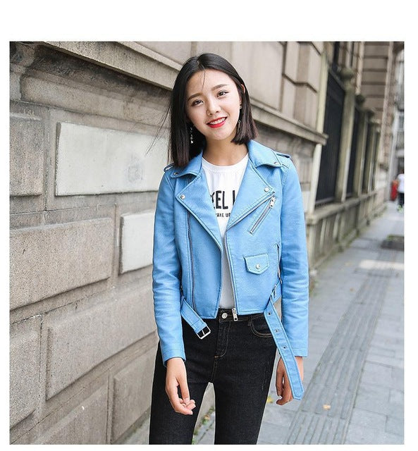 Ftlzz Pu Leather Jacket Women Fashion Bright Colors Female