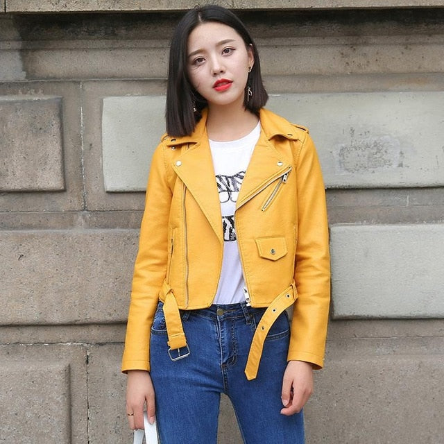 Ftlzz Pu Leather Jacket Women Fashion Bright Colors Female