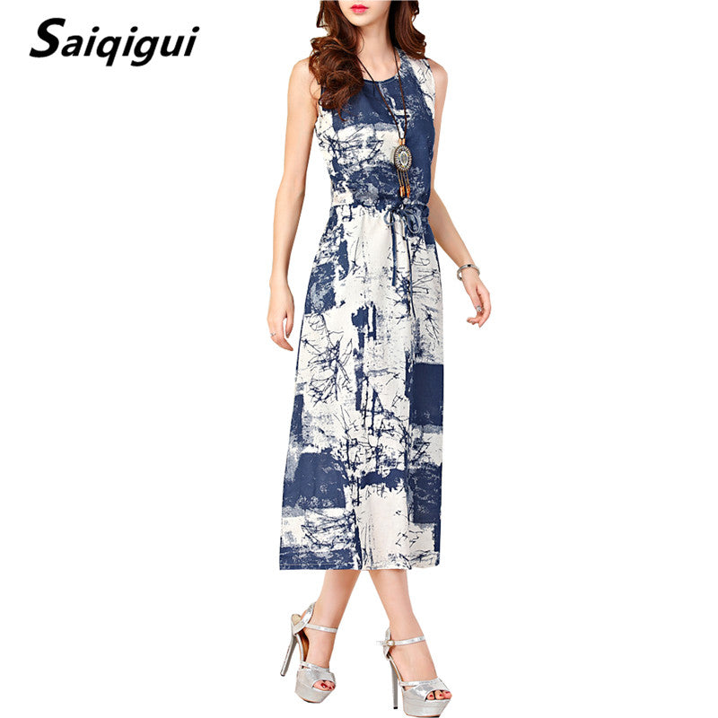 Saiqigui Summer dresses women Sleeveless Casual A-Line Adjust Waist Vintage Dress Female Cotton Linen Dresses vestidos