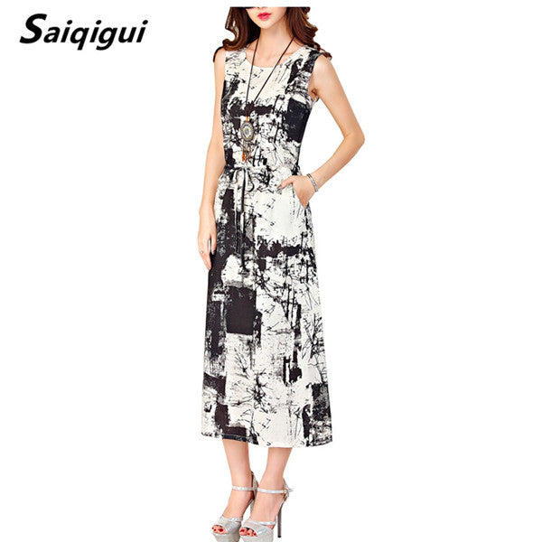 Saiqigui Summer dresses women Sleeveless Casual A-Line Adjust Waist Vintage Dress Female Cotton Linen Dresses vestidos