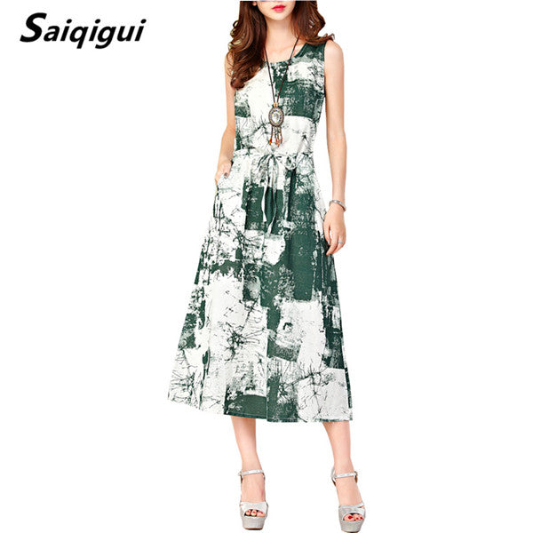 Saiqigui Summer dresses women Sleeveless Casual A-Line Adjust Waist Vintage Dress Female Cotton Linen Dresses vestidos