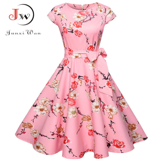 Phụ Nữ Mùa Hè Váy Hoa 2018 50 Vintage Cổ In Thanh Lịch Cổ Tròn Đảng Làm Việc Đầm Công Sở Retro Rockabilly vestidos