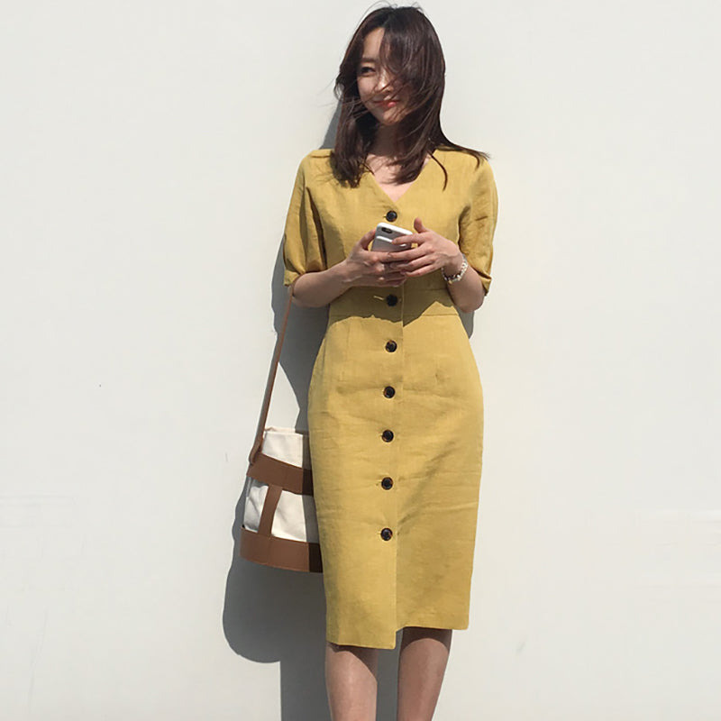 Phụ Nữ Mùa Hè Chắc Chắn Ngắn Cổ V Gợi Cảm Ôm Áo Đầm Nữ Ngực Đơn Tay Phồng vestidos Vải Lanh Cotton Áo Dây Femme