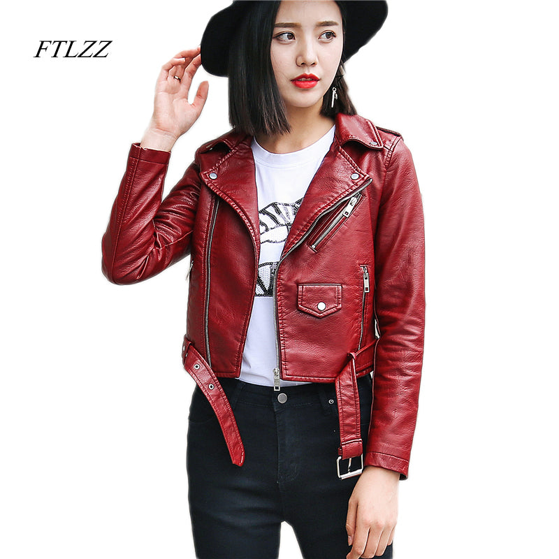 Ftlzz Pu Leather Jacket Women Fashion Bright Colors Female