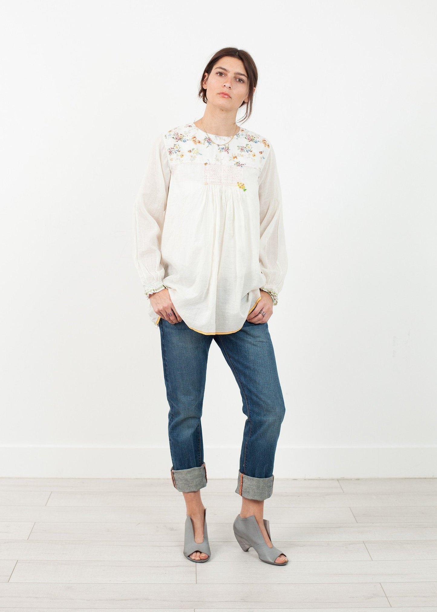 Floral Front Peasant Blouse in White - formtest11