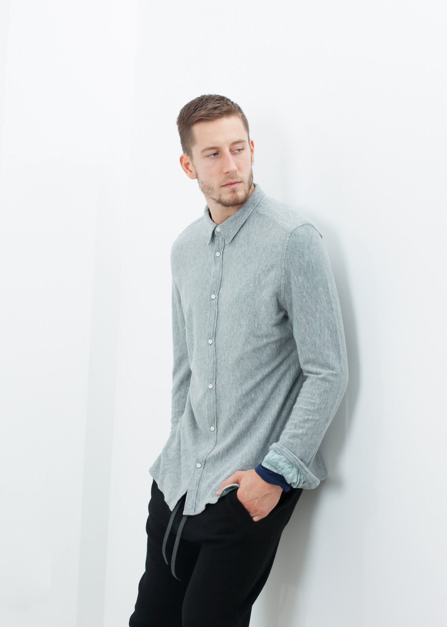 Kasuri Jersey Button-Up in Blue Grey - formtest11