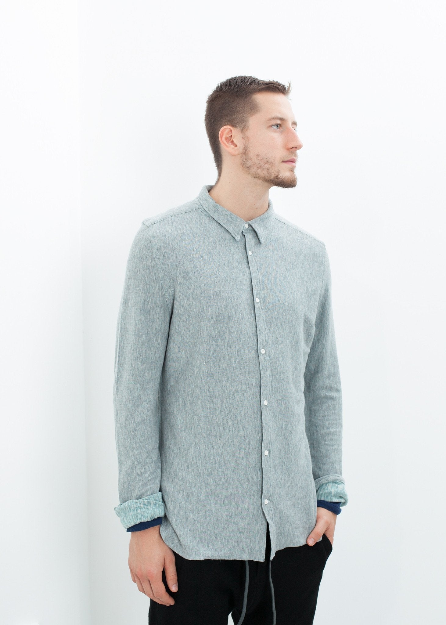 Kasuri Jersey Button-Up in Blue Grey - formtest11