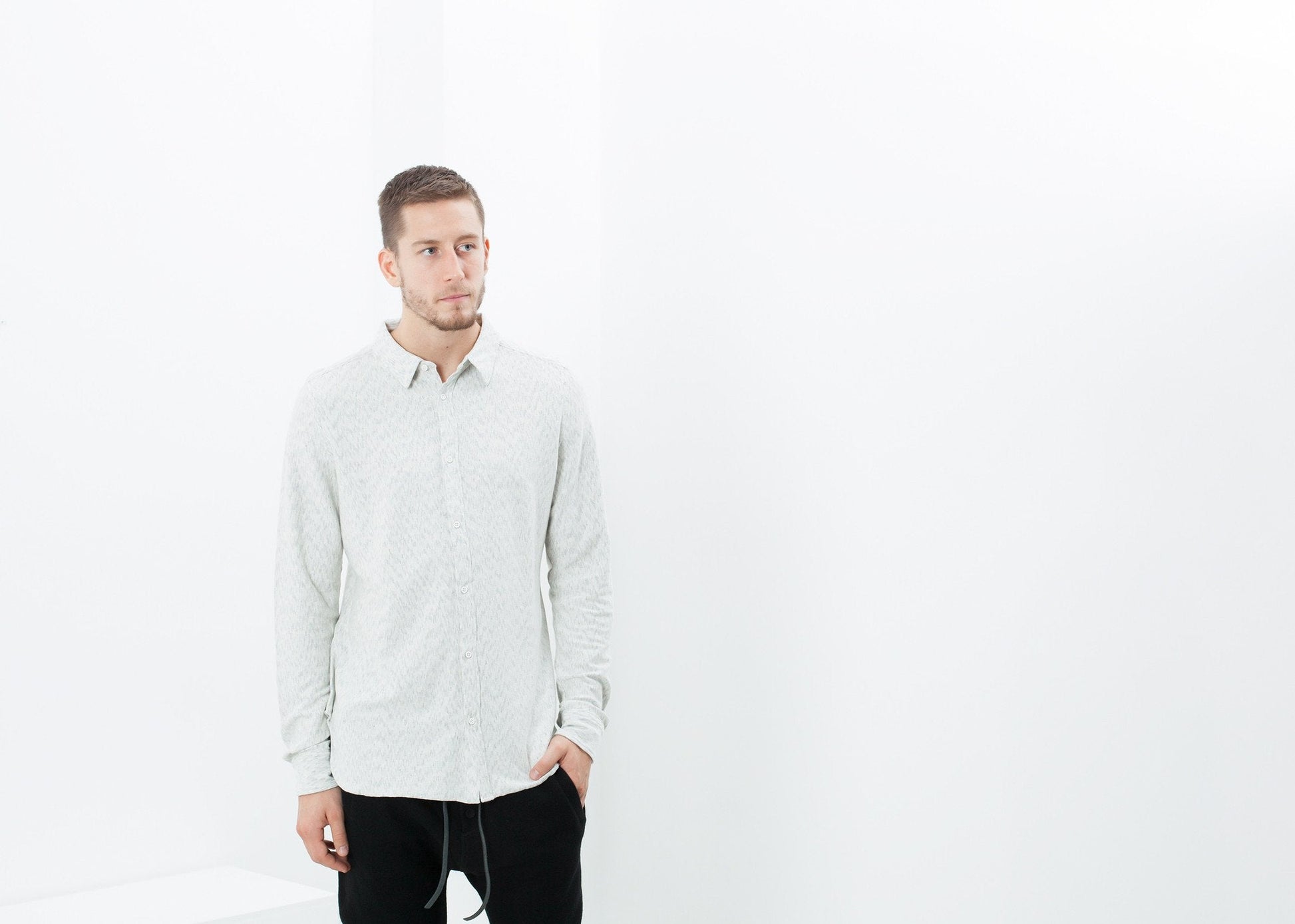 Kasuri Jersey Button-Up in Ivory/Black - formtest11