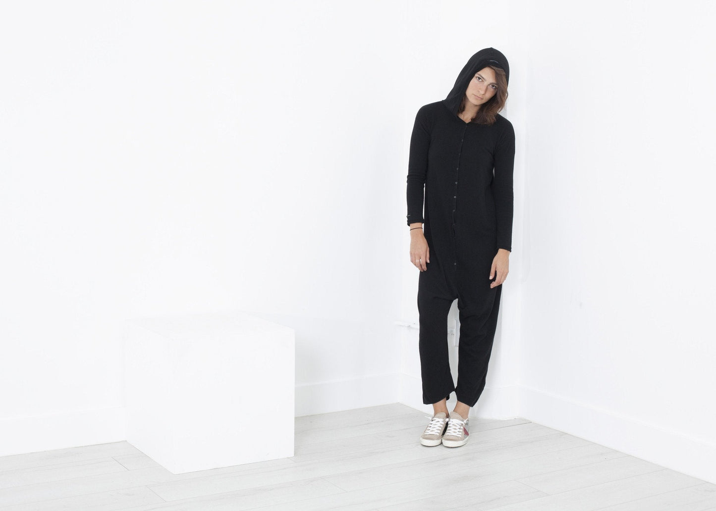 Knit Hooded Jumpsuit in Black - formtest11