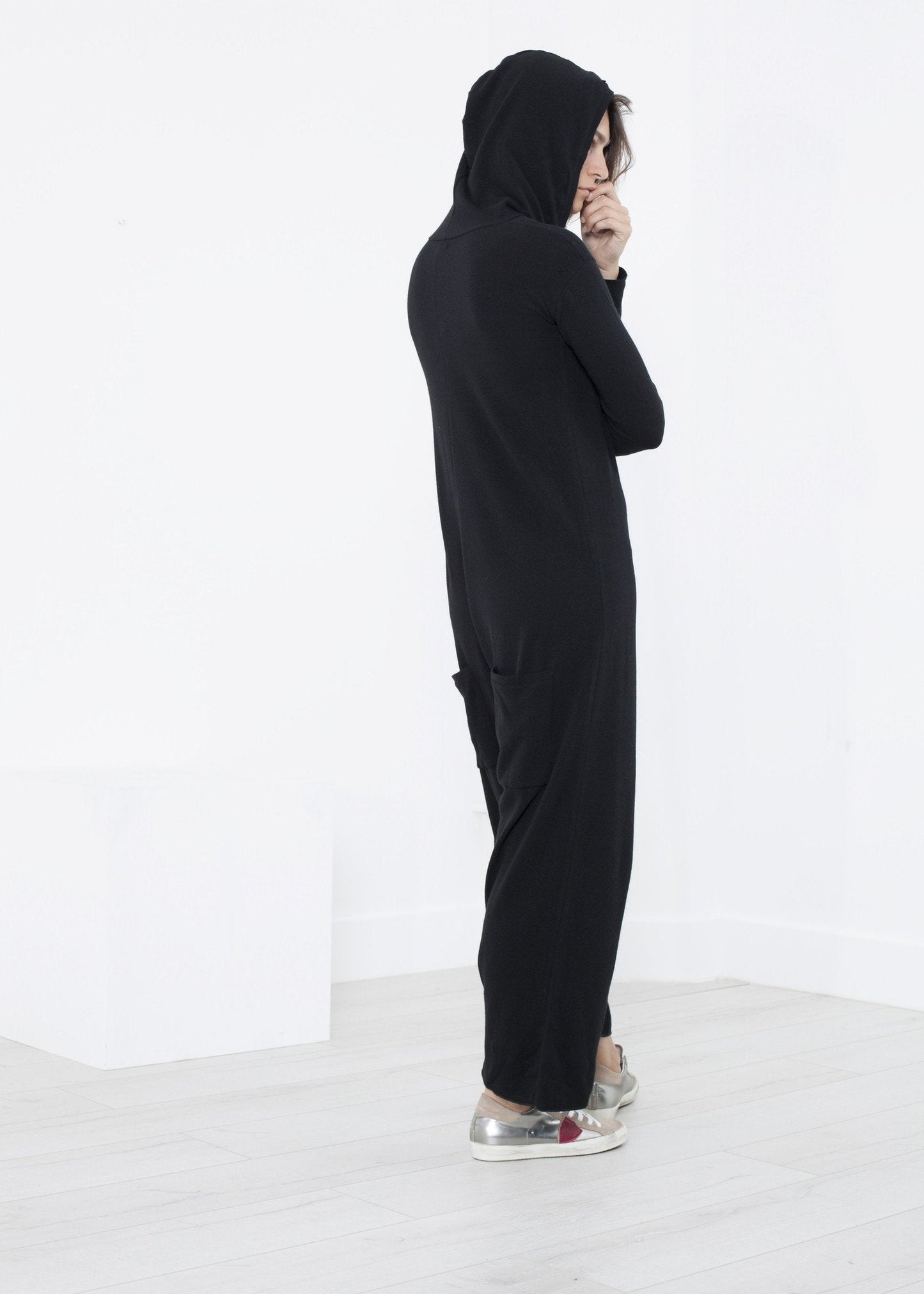 Knit Hooded Jumpsuit in Black - formtest11