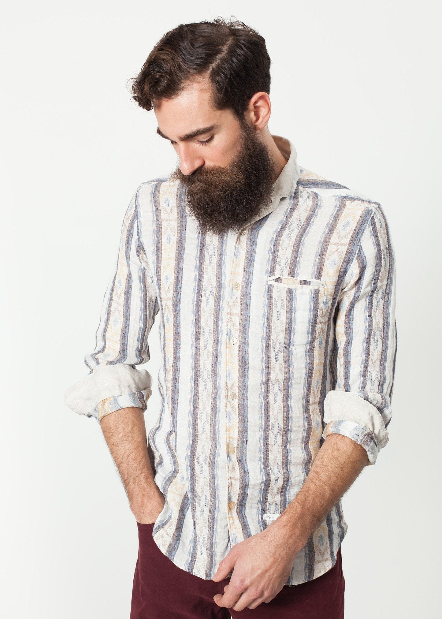 Linen Western Shirt in Beige/Blue - formtest11