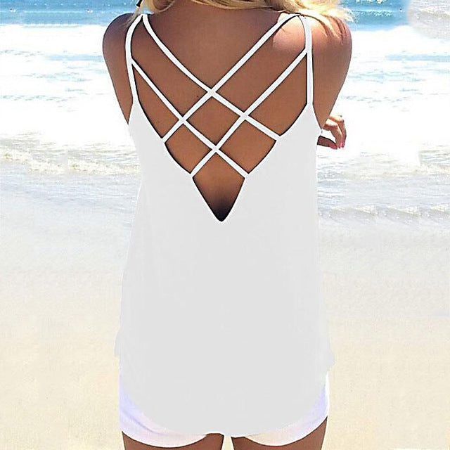 High Quality Women Summer Soild Colors Sleeveless Spaghetti Strap Solid Hollow Out Thin Cool Loose Charming Sun-Top Sexy Vest