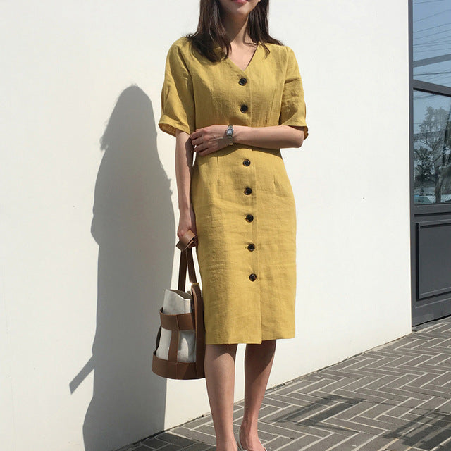 Women Summer Solid Brief Sexy V Neck Slim Shirt Dress Female Single Breasted Lantern Sleeve Vestidos Cotton Linen Robe Femme