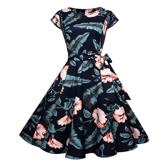 Women Summer Floral Dress 2018 50s Vintage Casual Elegant Print O Neck Party Work Office Dress Retro Rockabilly Vestidos