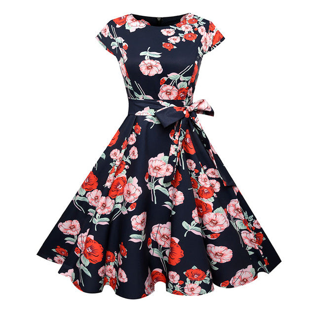 Women Summer Floral Dress 2018 50s Vintage Casual Elegant Print O Neck Party Work Office Dress Retro Rockabilly Vestidos