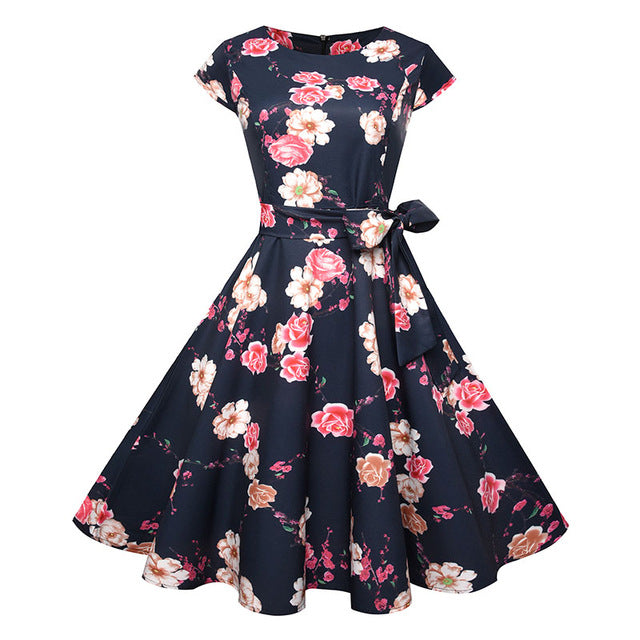 Women Summer Floral Dress 2018 50s Vintage Casual Elegant Print O Neck Party Work Office Dress Retro Rockabilly Vestidos