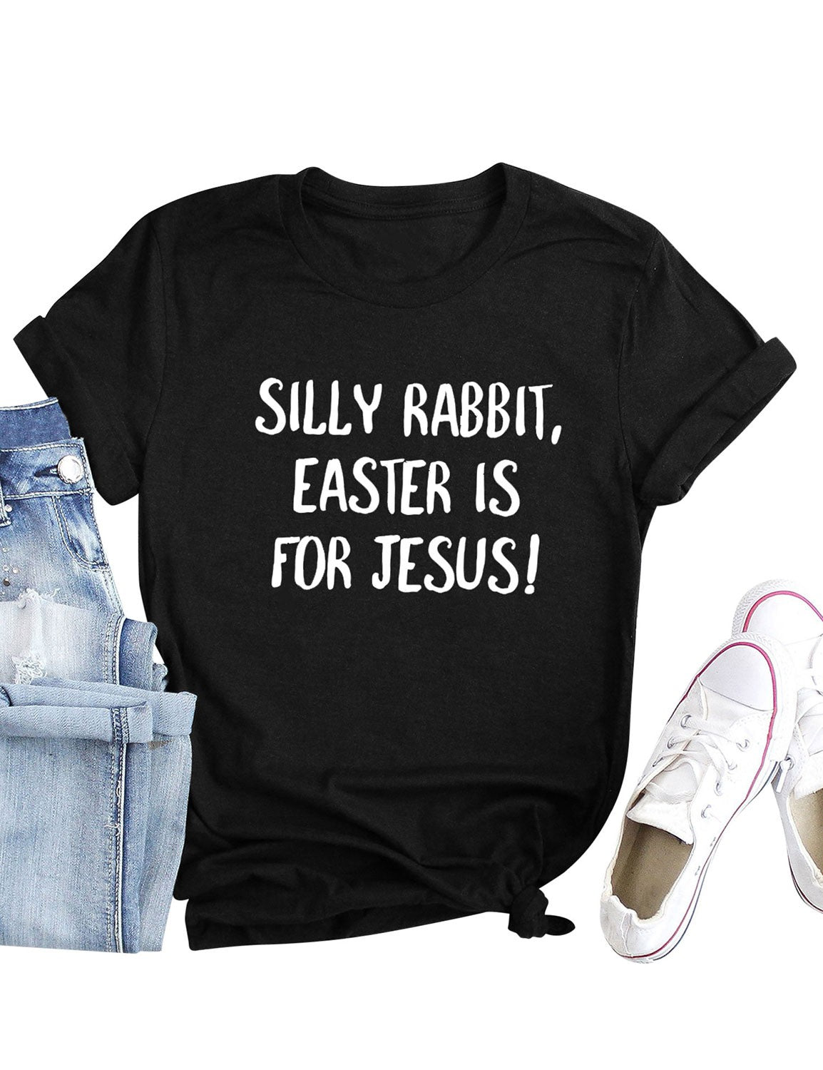 Women Silly Rabbit Easter Is For Jesus Letter T-shirts Casual Short Sleeve Tops Shirt