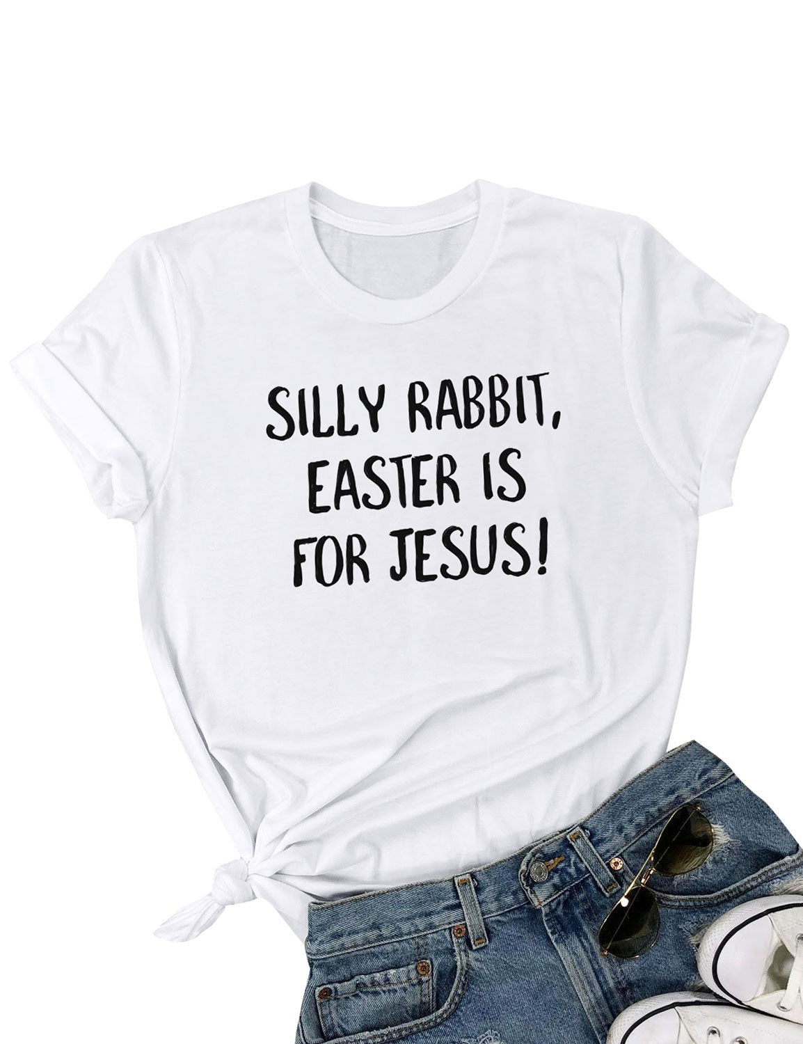 Women Silly Rabbit Easter Is For Jesus Letter T-shirts Casual Short Sleeve Tops Shirt