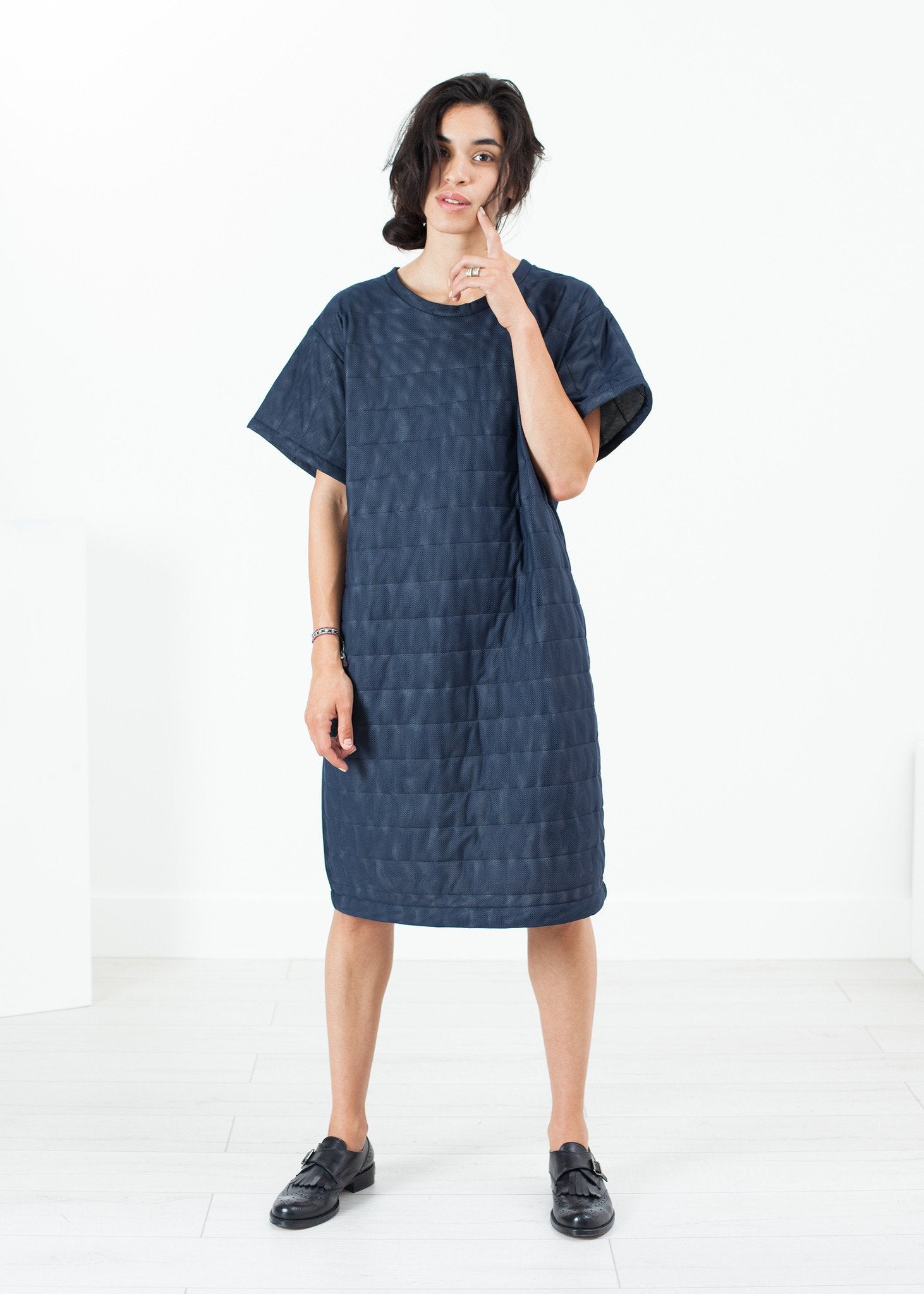 Quilted Mesh T-Shirt Dress in Navy - formtest11