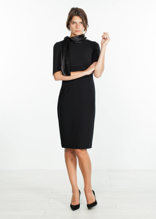 Tie Neck Wool Dress in Black - formtest11