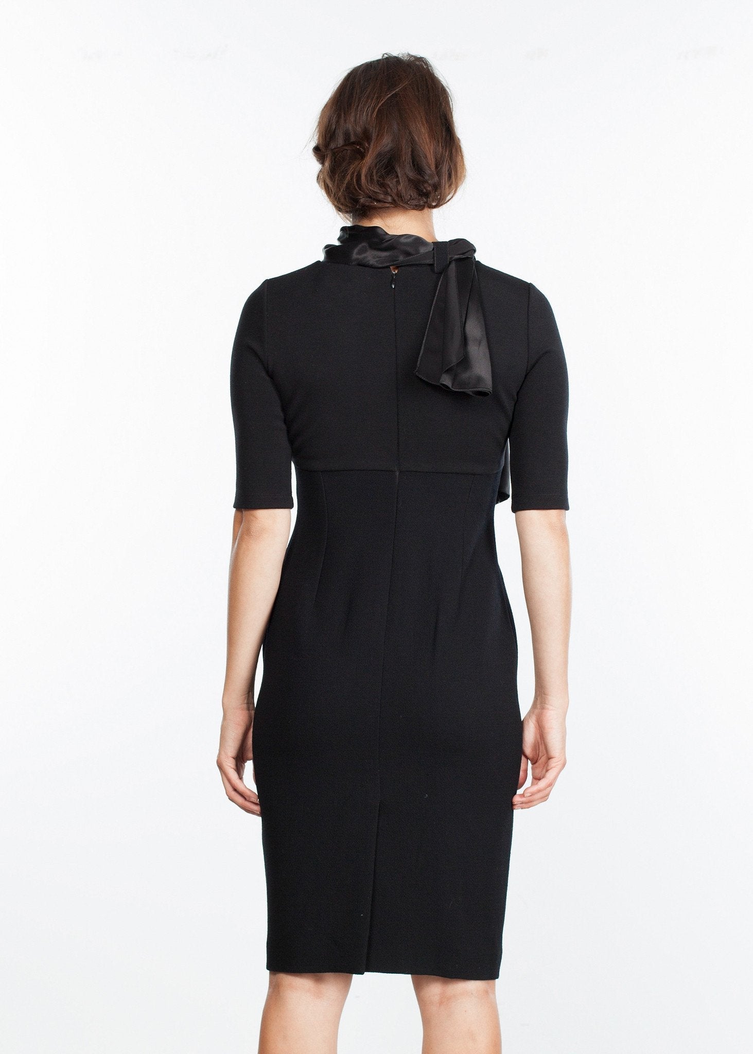 Tie Neck Wool Dress in Black - formtest11