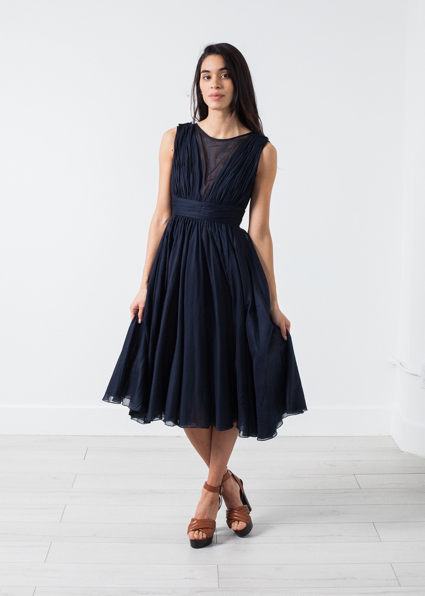 Voile V-Neck Dress in Navy - formtest11